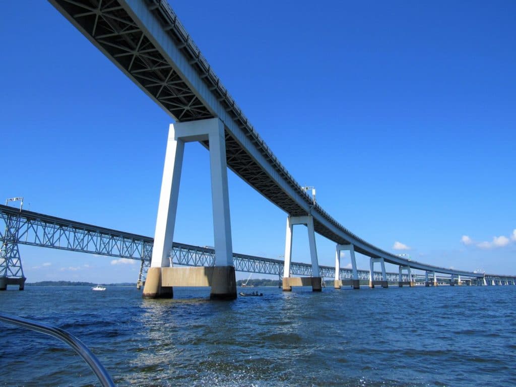 Here's Your Bay Bridge Update 13 Chesapeake Bay Bridge on a sunny summer day seen from a boat on the Chesapeake Bay near Annapolis, Maryland USA